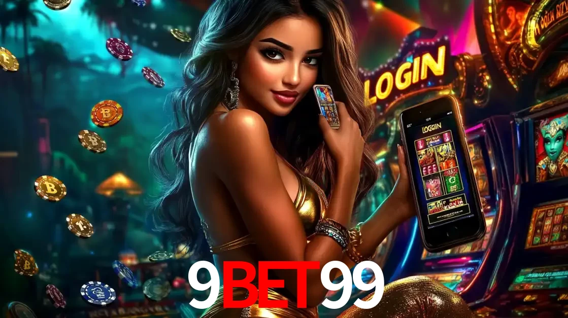 Mulher em um cenário de cassino temático de aventura, mostrando o app de caça-níqueis da 9bet99 no celular. Fichas de apostas flutuam ao redor.