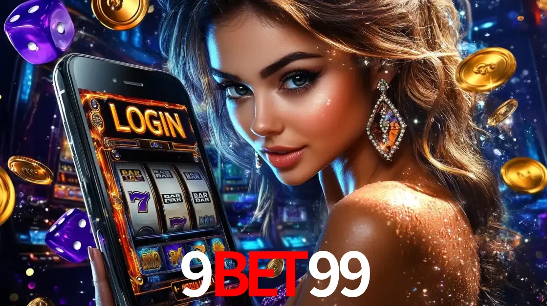 Mulher glamorosa segurando um smartphone com a tela de login para os jogos de caça-níqueis do cassino online 9bet99, com moedas de ouro e dados ao redor.