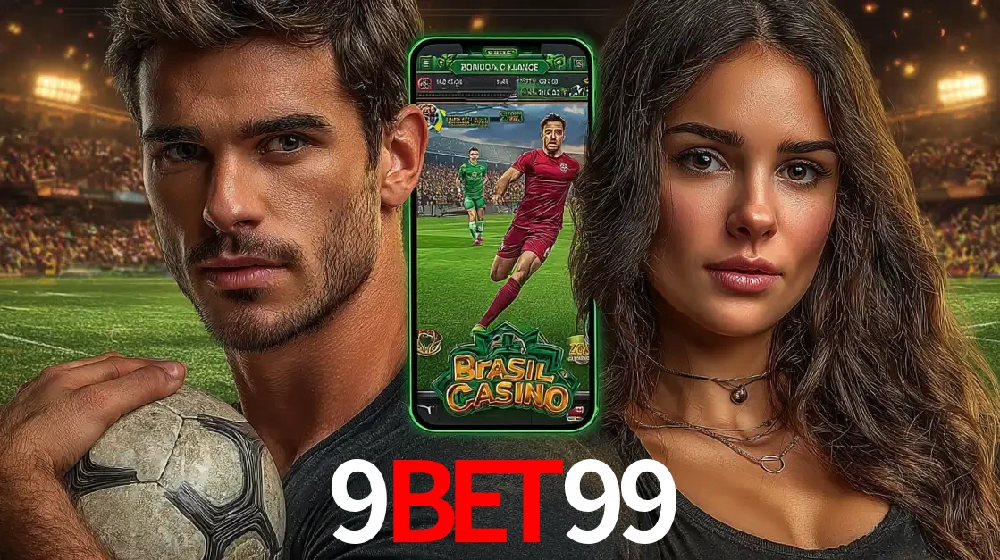 Homem segurando uma bola de futebol e uma mulher ao lado de um smartphone exibindo o jogo de apostas esportivas da 9bet99. Faça seu palpite no cassino online.